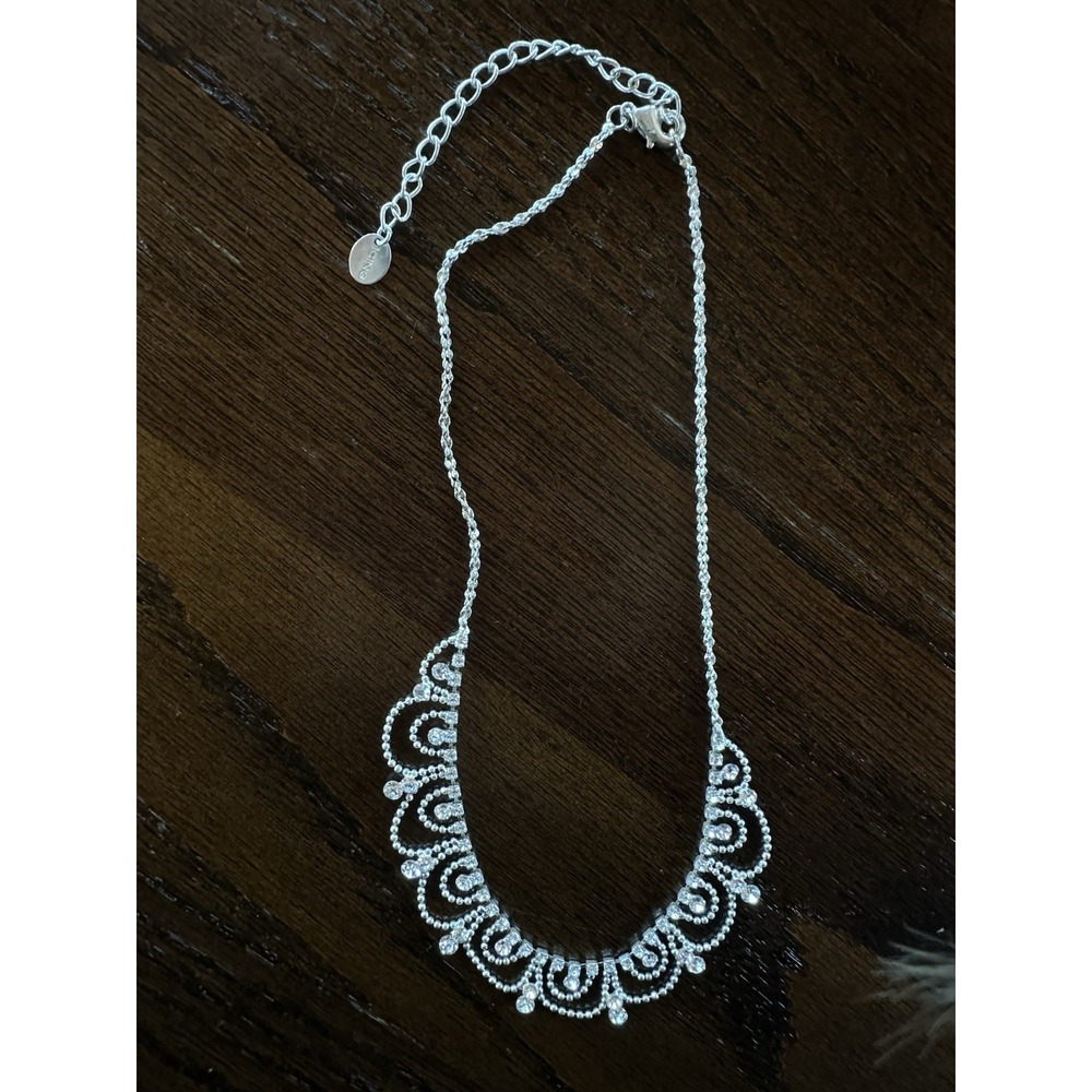 Vintage ICING Signed‎ Clear Rhinestone Bib Drop Necklace Silver Tone Twist P4